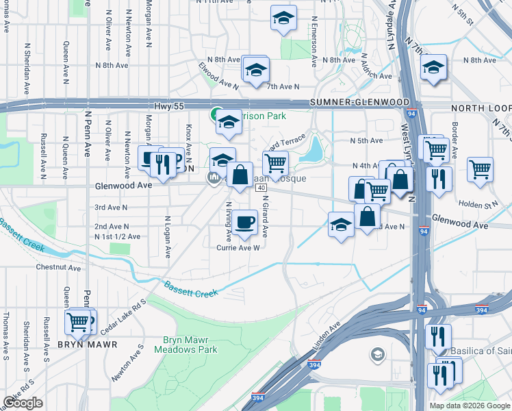 map of restaurants, bars, coffee shops, grocery stores, and more near 1401 Glenwood Avenue in Minneapolis
