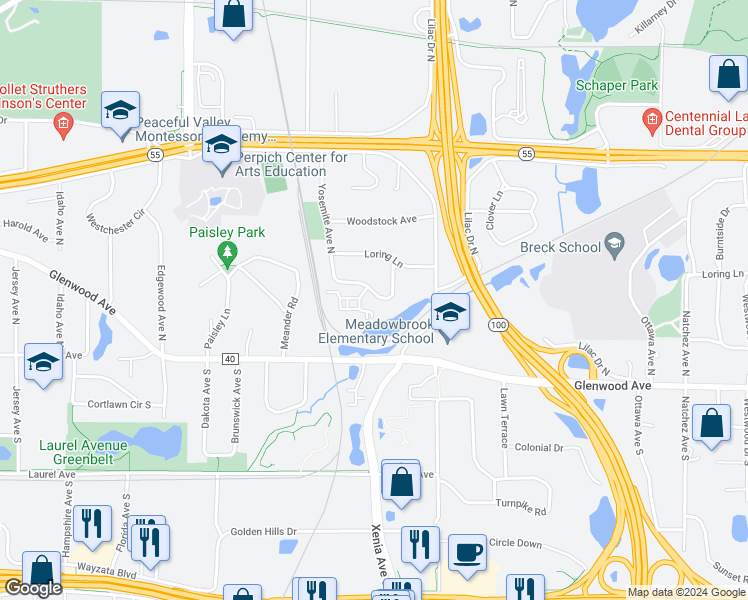 map of restaurants, bars, coffee shops, grocery stores, and more near 250 Yosemite Circle North in Minneapolis