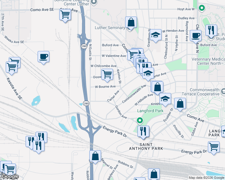 map of restaurants, bars, coffee shops, grocery stores, and more near 2351 West Bourne Avenue in Saint Paul