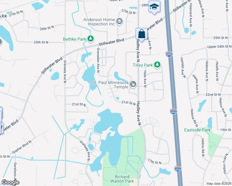 map of restaurants, bars, coffee shops, grocery stores, and more near 2011 Gresham Avenue North in Oakdale