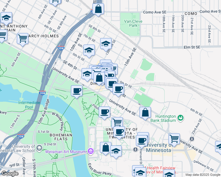 map of restaurants, bars, coffee shops, grocery stores, and more near 501 15th Avenue Southeast in Minneapolis