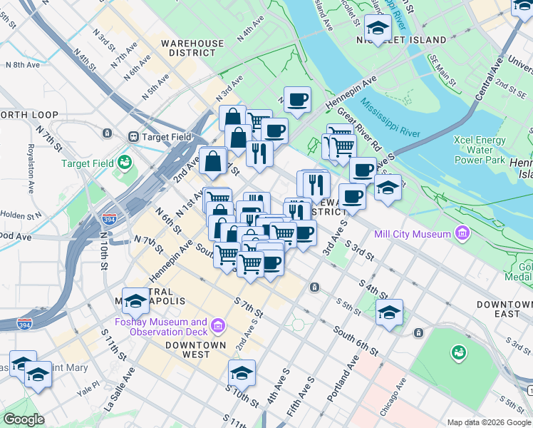 map of restaurants, bars, coffee shops, grocery stores, and more near 365 Nicollet Mall in Minneapolis