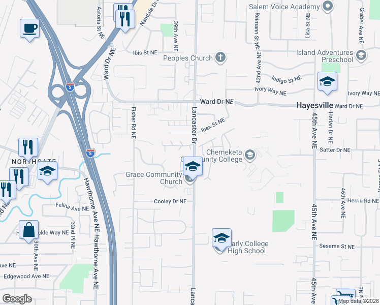 map of restaurants, bars, coffee shops, grocery stores, and more near 4235 Lancaster Drive Northeast in Salem