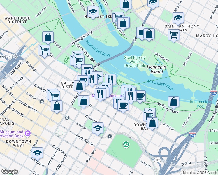 map of restaurants, bars, coffee shops, grocery stores, and more near in Minneapolis
