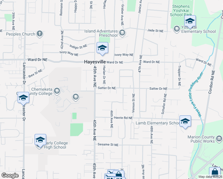 map of restaurants, bars, coffee shops, grocery stores, and more near 4216 Harlan Drive Northeast in Salem