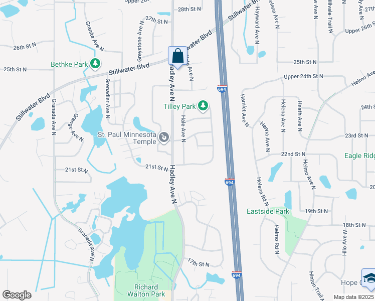 map of restaurants, bars, coffee shops, grocery stores, and more near 2188 Hale Avenue North in Oakdale