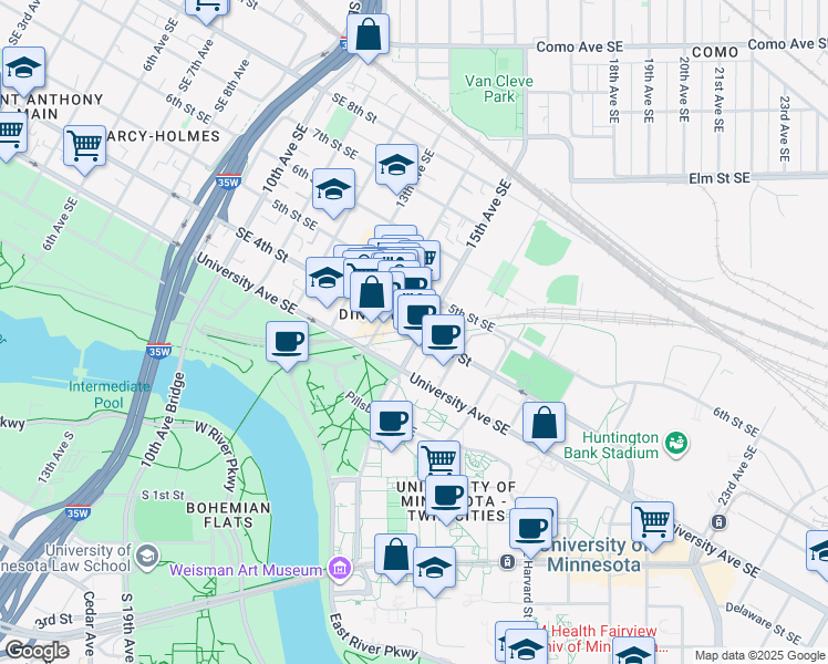 map of restaurants, bars, coffee shops, grocery stores, and more near 501 15th Avenue Southeast in Minneapolis