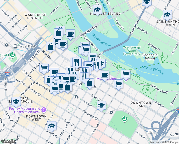 map of restaurants, bars, coffee shops, grocery stores, and more near in Minneapolis