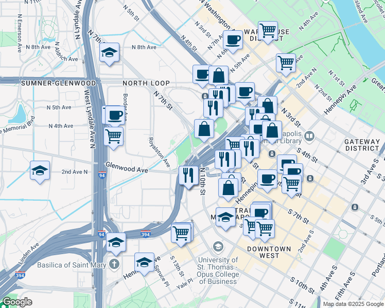 map of restaurants, bars, coffee shops, grocery stores, and more near in Minneapolis