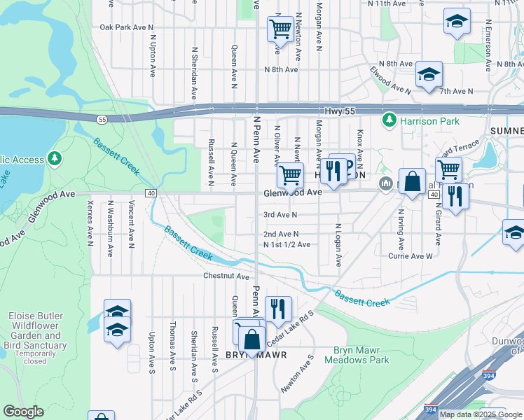 map of restaurants, bars, coffee shops, grocery stores, and more near 2113 Glenwood Avenue in Minneapolis