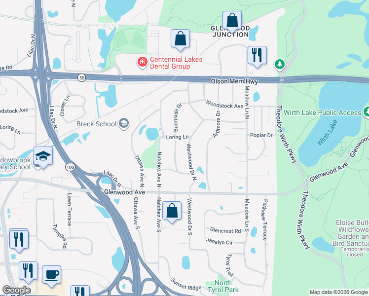 map of restaurants, bars, coffee shops, grocery stores, and more near 300 Westwood Drive North in Minneapolis
