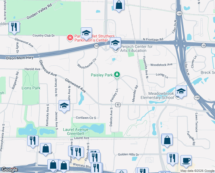 map of restaurants, bars, coffee shops, grocery stores, and more near 227 Paisley Lane in Golden Valley
