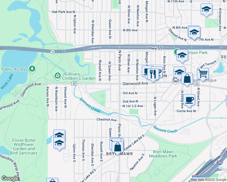 map of restaurants, bars, coffee shops, grocery stores, and more near 300 Queen Avenue North in Minneapolis