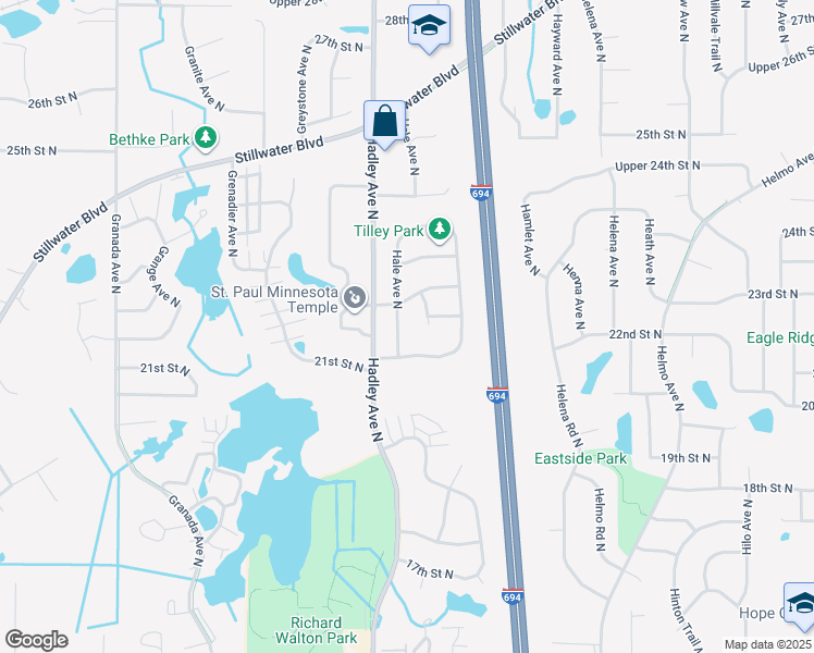 map of restaurants, bars, coffee shops, grocery stores, and more near 2188 Hale Avenue North in Oakdale