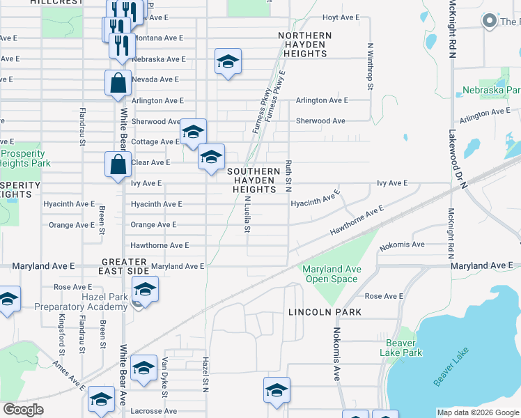 map of restaurants, bars, coffee shops, grocery stores, and more near 1976 Hyacinth Avenue East in Saint Paul