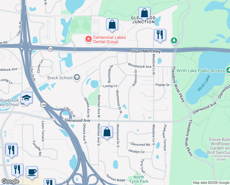 map of restaurants, bars, coffee shops, grocery stores, and more near 300 Westwood Drive North in Minneapolis