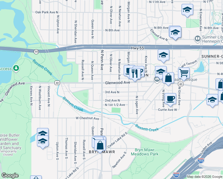 map of restaurants, bars, coffee shops, grocery stores, and more near 2113 Glenwood Avenue in Minneapolis