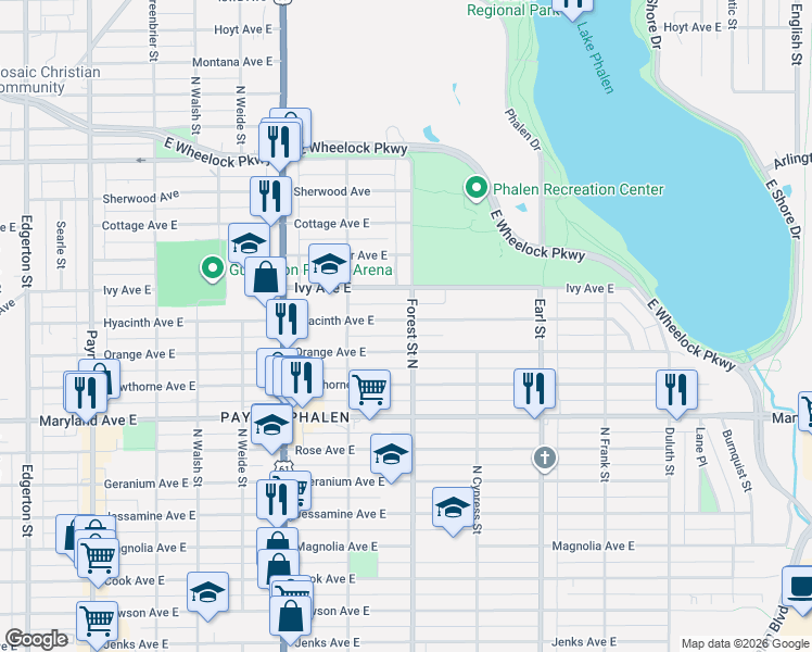 map of restaurants, bars, coffee shops, grocery stores, and more near 929 Hyacinth Avenue East in Saint Paul