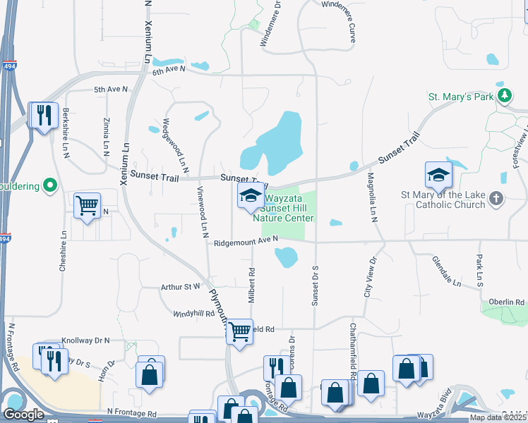 map of restaurants, bars, coffee shops, grocery stores, and more near 13005 Sunset Trail in Plymouth