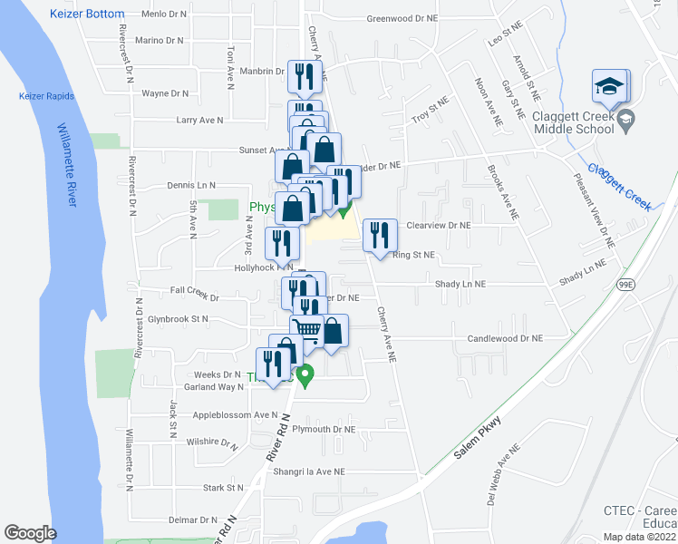 map of restaurants, bars, coffee shops, grocery stores, and more near 741 Bever Drive Northeast in Keizer