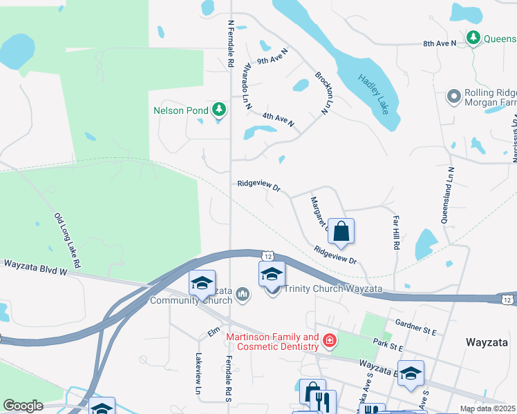 map of restaurants, bars, coffee shops, grocery stores, and more near 148 Ridgeview Lane in Wayzata