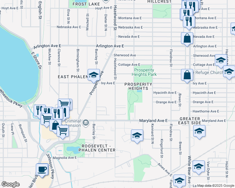 map of restaurants, bars, coffee shops, grocery stores, and more near 1566 Ivy Avenue East in Saint Paul