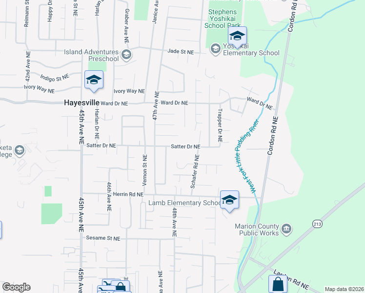 map of restaurants, bars, coffee shops, grocery stores, and more near 4785 Satter Drive Northeast in Salem