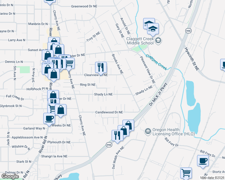 map of restaurants, bars, coffee shops, grocery stores, and more near 3733 Shady Court Northeast in Keizer