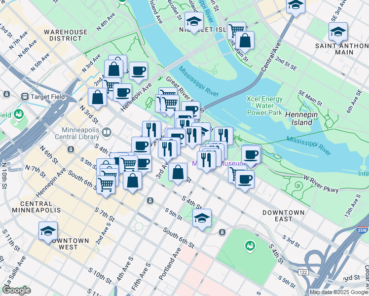 map of restaurants, bars, coffee shops, grocery stores, and more near 300 South 2nd Street in Minneapolis