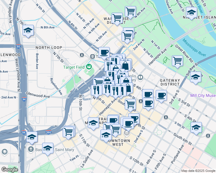 map of restaurants, bars, coffee shops, grocery stores, and more near 111 North 5th Street in Minneapolis