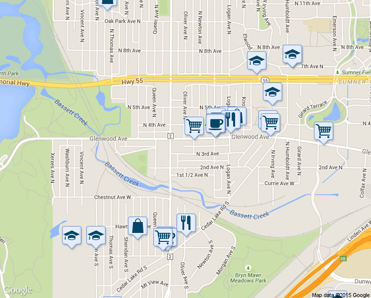 map of restaurants, bars, coffee shops, grocery stores, and more near 2113 Glenwood Avenue in Minneapolis
