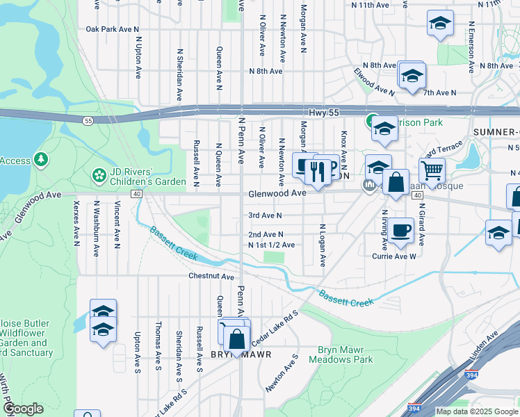 map of restaurants, bars, coffee shops, grocery stores, and more near 2113 Glenwood Avenue in Minneapolis