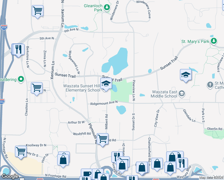 map of restaurants, bars, coffee shops, grocery stores, and more near 13005 Sunset Trail in Plymouth