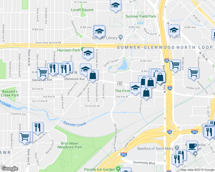 map of restaurants, bars, coffee shops, grocery stores, and more near 1225 Glenwood Avenue in Minneapolis