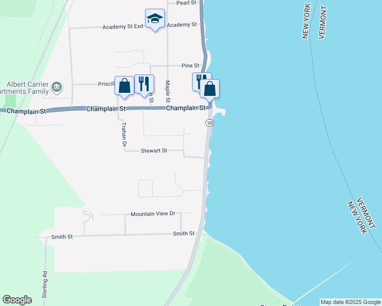 map of restaurants, bars, coffee shops, grocery stores, and more near 2 Rock Street in Rouses Point