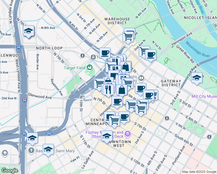 map of restaurants, bars, coffee shops, grocery stores, and more near 518 North 1st Avenue in Minneapolis