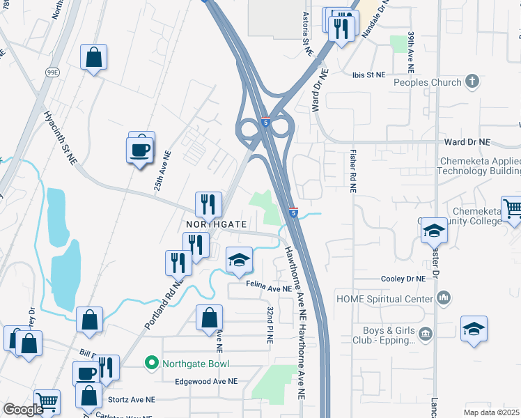 map of restaurants, bars, coffee shops, grocery stores, and more near 4271-4281 32nd Avenue Northeast in Salem
