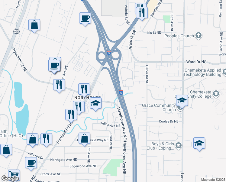 map of restaurants, bars, coffee shops, grocery stores, and more near 4271-4281 32nd Avenue Northeast in Salem