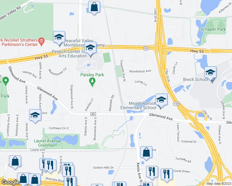 map of restaurants, bars, coffee shops, grocery stores, and more near 208 Meander Road in Minneapolis