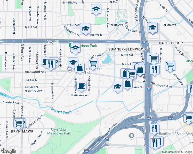 map of restaurants, bars, coffee shops, grocery stores, and more near 1207 Glenwood Avenue in Minneapolis