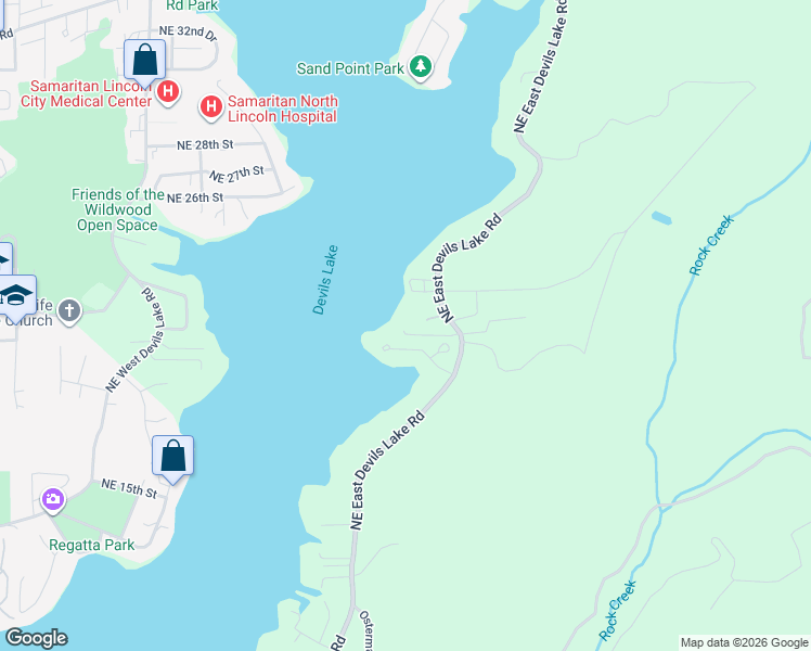 map of restaurants, bars, coffee shops, grocery stores, and more near 2175 Northeast East Devils Lake Road in Otis