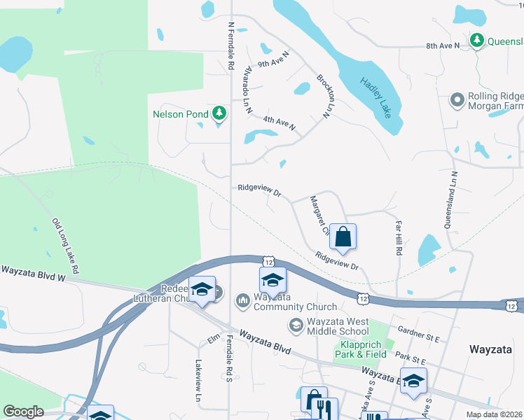 map of restaurants, bars, coffee shops, grocery stores, and more near 148 Ridgeview Lane in Wayzata