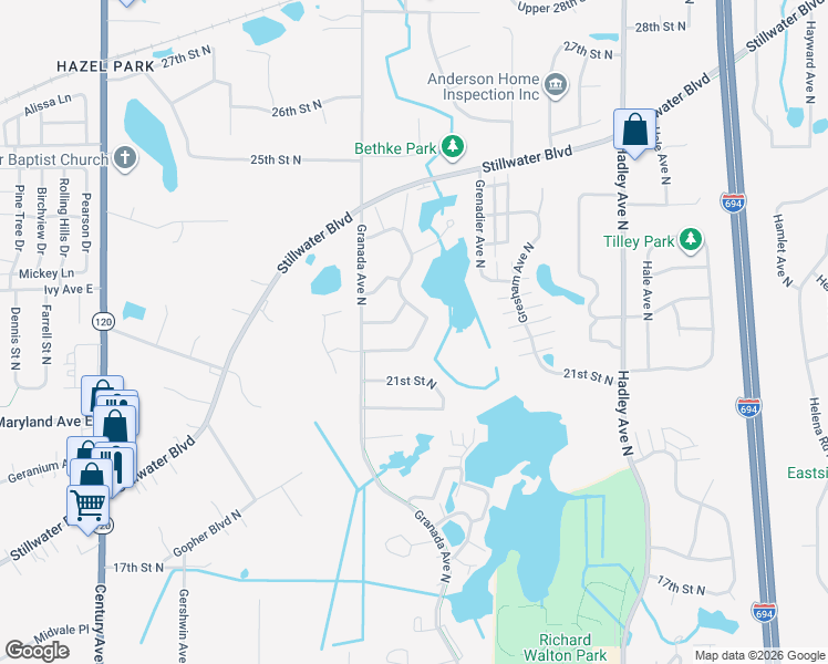 map of restaurants, bars, coffee shops, grocery stores, and more near 6567 Upper 22nd Street North in Saint Paul