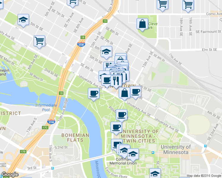 map of restaurants, bars, coffee shops, grocery stores, and more near 320 13th Avenue Southeast in Minneapolis