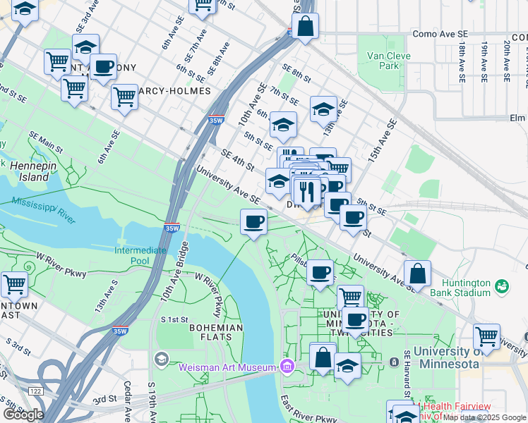 map of restaurants, bars, coffee shops, grocery stores, and more near 1219 University Avenue Southeast in Minneapolis
