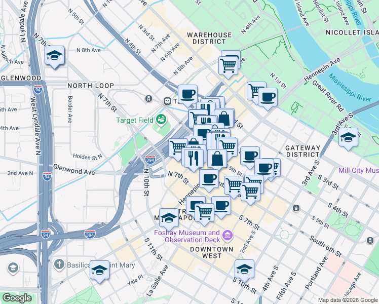 map of restaurants, bars, coffee shops, grocery stores, and more near 111 North 5th Street in Minneapolis