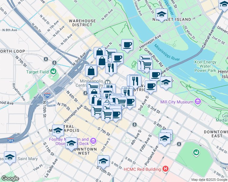 map of restaurants, bars, coffee shops, grocery stores, and more near 45 South Washington Avenue in Minneapolis