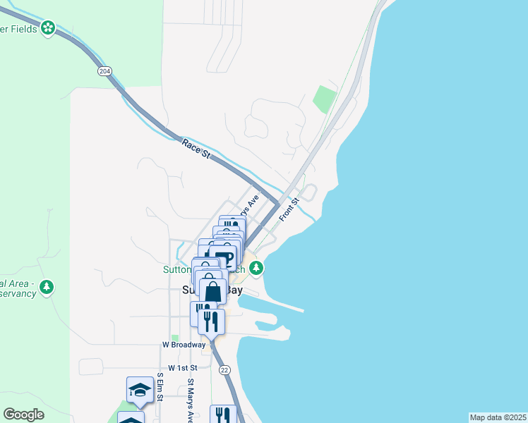 map of restaurants, bars, coffee shops, grocery stores, and more near 606-618 N St Mary's St in Suttons Bay