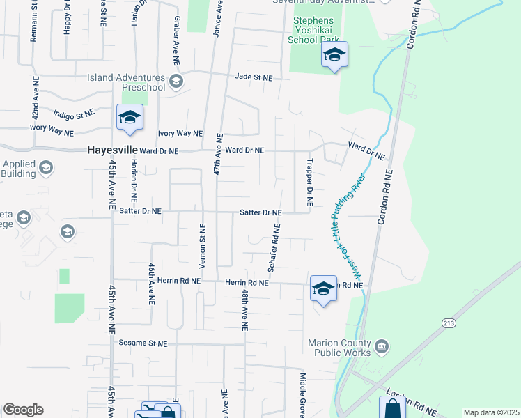 map of restaurants, bars, coffee shops, grocery stores, and more near 4785 Satter Drive Northeast in Salem