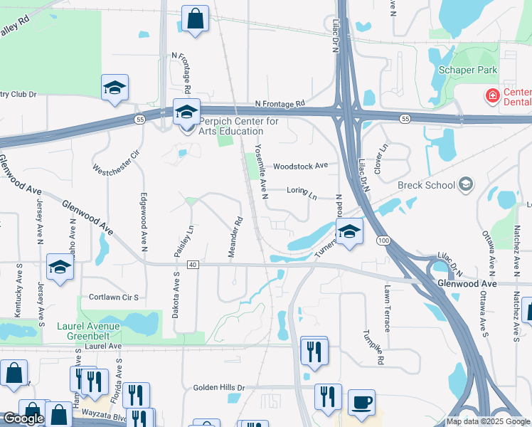 map of restaurants, bars, coffee shops, grocery stores, and more near 251 Yosemite Avenue North in Golden Valley